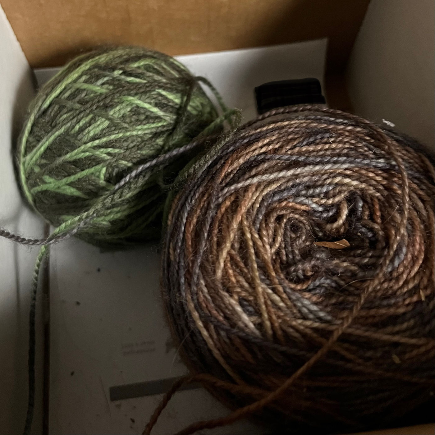 Two small balls of thin yarn in a box. One is mottled with two shades of green; the other is mottled brown and grey.